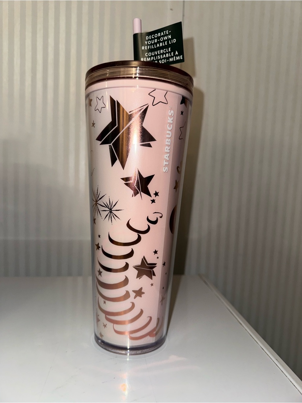 Starbucks Pink and Rose Gold Starry Reusable Tumbler with Straw